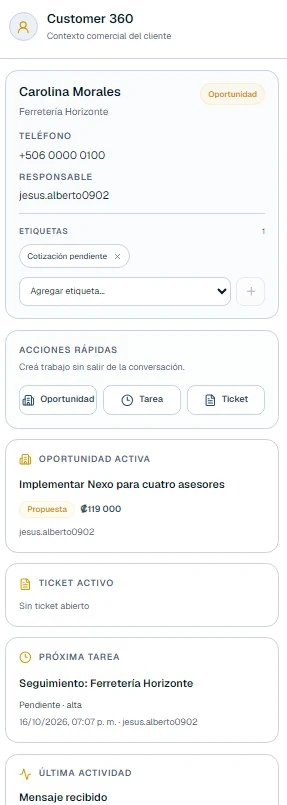 Vista real de Customer 360 en Nexo