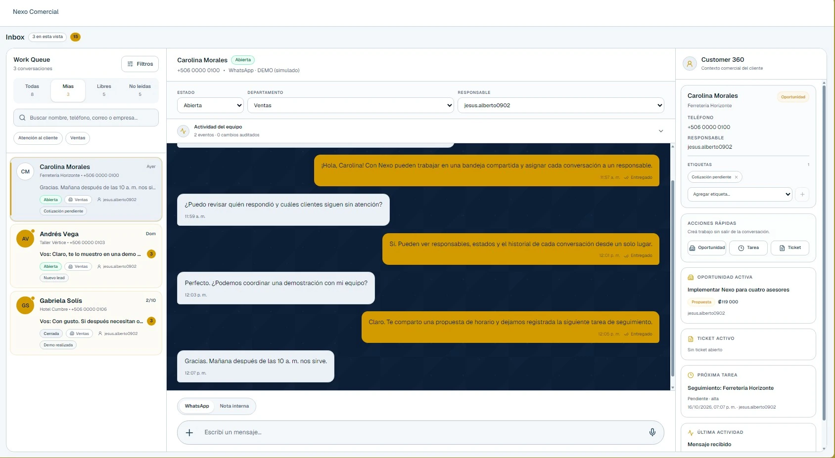 Vista real de Inbox en Nexo